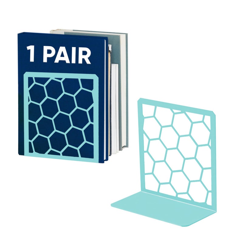 GEOMOD Geometric Honeycomb Turquoise Metal Bookends Decorative - Tall Sturdy Book Ends for Shelves - Modern Heavy Duty Bookend Stopper - Office Shelf Book Holder - 6x3.25x6.25 Inches - 1 Pair - Image 1